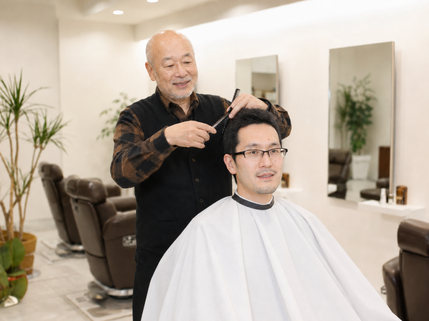 ヘアーサロン巴里院でカット施術を行う理容師