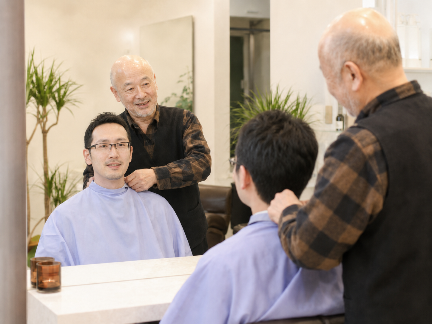 ヘアーサロン巴里院の鏡越しの施術風景